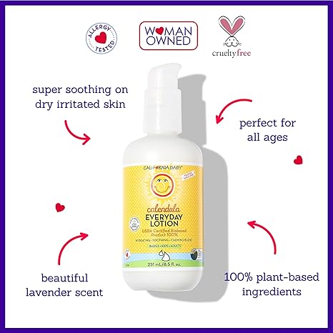 California Baby Calendula Lotion | 100% Plant-Based | Very Soothing Baby Lotion for Sensitive Skin | Lavender Kids Lotion | Allergy Friendly | Organic Calendula + Aloe Vera | 251 mL / 8.5 oz Open Limits