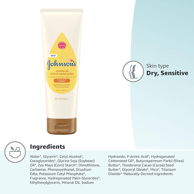 Johnson's Baby Creamy Oil for Baby with Shea & Cocoa Butter, Moisturizing Body Lotion with Gentle Fragrance, Hypoallergenic, Non-Greasy, Paraben-Free, Phthalate-Free and Dye-Free, 8 fl. oz Open Limits