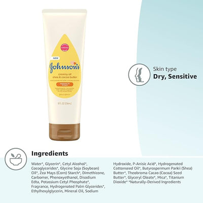 Johnson's Baby Creamy Oil for Baby with Shea & Cocoa Butter, Moisturizing Body Lotion with Gentle Fragrance, Hypoallergenic, Non-Greasy, Paraben-Free, Phthalate-Free and Dye-Free, 8 fl. oz Open Limits