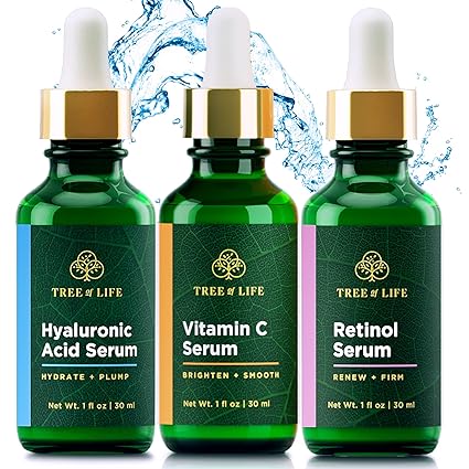 Tree of Life Beauty Facial Skin Care Set, Brightening, Firming, Hydrating, Dry Face, Dermatologist Tested - Trio Power Kit, Vitamin C, Retinol and Hyaluronic Acid, 3 count of 1 Fl Oz Impression Wear