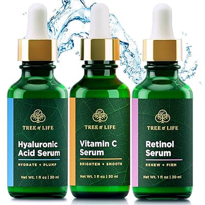 Tree of Life Beauty Facial Skin Care Set, Brightening, Firming, Hydrating, Dry Face, Dermatologist Tested - Trio Power Kit, Vitamin C, Retinol and Hyaluronic Acid, 3 count of 1 Fl Oz Impression Wear