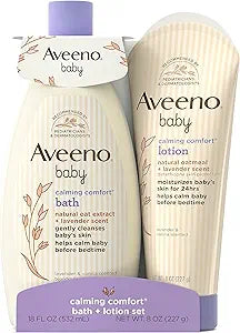 Aveeno Baby Calming Comfort Bath & Lotion Set, Nighttime Baby Skin Care Products with Natural Oat, Lavender & Vanilla Scents, Paraben-, Phthalate- & Phenoxyethanol-Free, 2 Items Open Limits