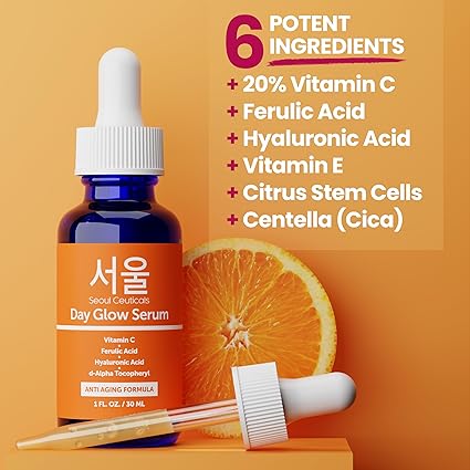 SeoulCeuticals Korean Skin Care 20% Vitamin C Hyaluronic Acid Serum + CE Ferulic Acid - Potent Anti Aging, Anti Wrinkle Korean Beauty 1oz